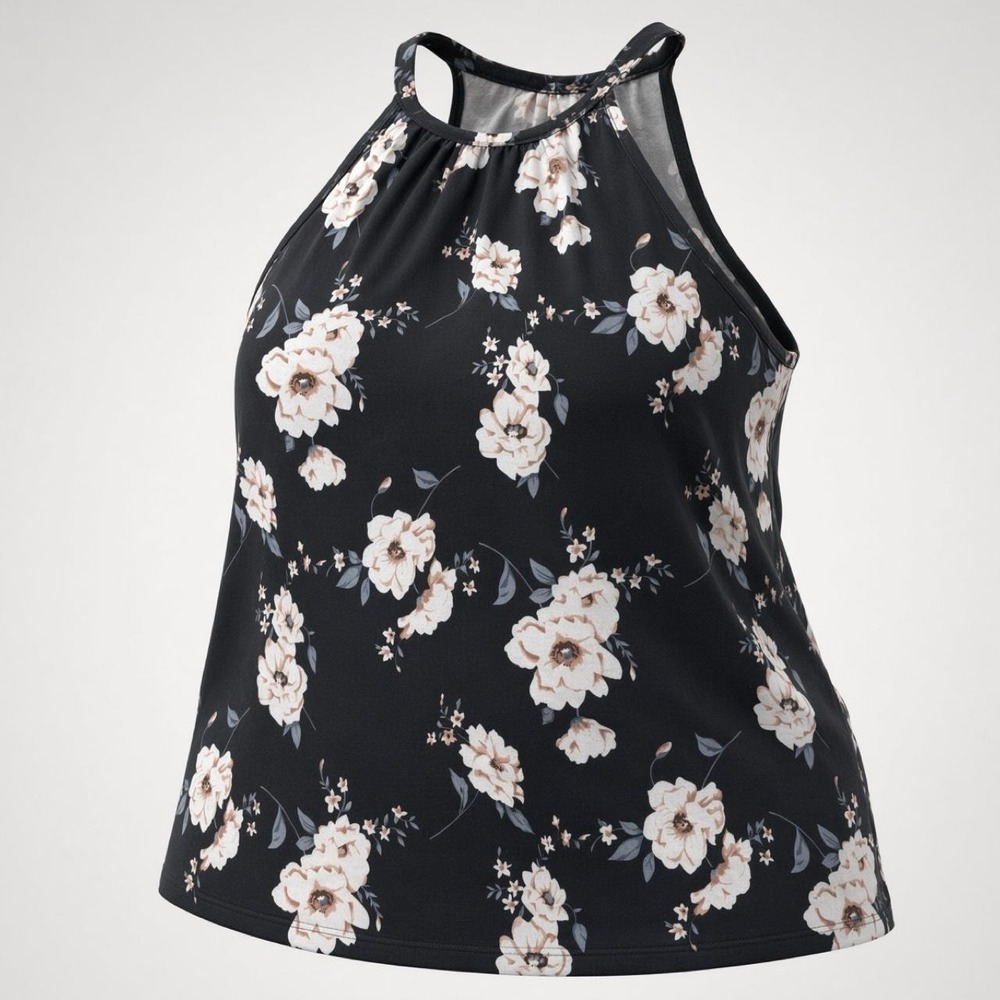 Women's Plus 2XL Black/White Floral Halter Neck Sleeveless Tank Top Straps